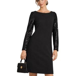 Marina Sequin Sleeve Shift Dress Black SZ 6 NWOT Designer Quiet Luxury Timeless